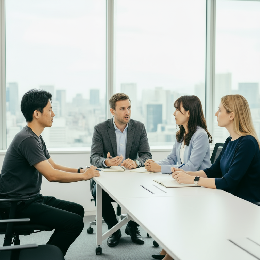 多国籍のメンバーが会議している様子